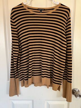 Eileen Fisher Striped Sweater Tan Black Tencel Silk Knit Boxy Top Size Large
